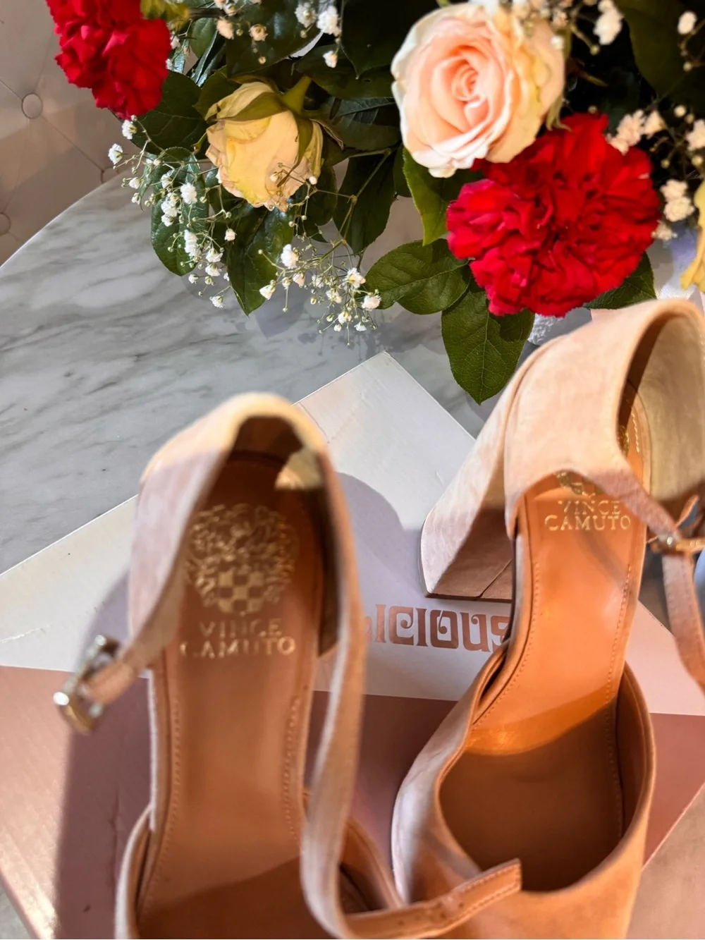 Vince Camuto Blush Pink Suede Platform Ankle-Strap Heels